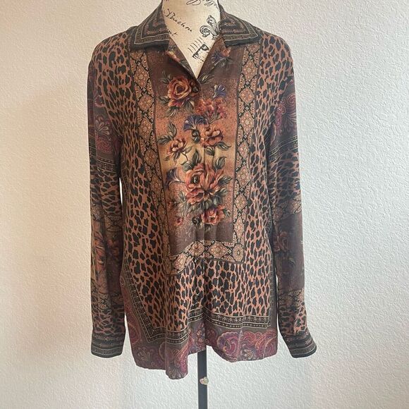 VTG‎ Sharon Young Sports Wear 2 Brown  Top floral animal Print Boho Grandmacore - Picture 1 of 8